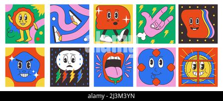 Cartoon psychedelisch Formen. Abstrakte Comic-Figuren und -Formen mit klassischen Clip-Art-Gesichtern. Vector quadratische Banner gesetzt Stock Vektor