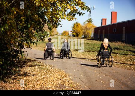 Drei junge querschnittsgelähmte Freunde verbringen an einem schönen Herbsttag Zeit miteinander, um mit ihren Rollstühlen in einem Stadtpark einen Pfad zu beschreiten Stockfoto