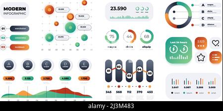 Grafik-Infografik. Farbenfrohe moderne Flussdiagramme und Diagramme, Option und Schritt-Zeitachse, Verlaufsgrafik. Vektor-isolierter Satz Stock Vektor