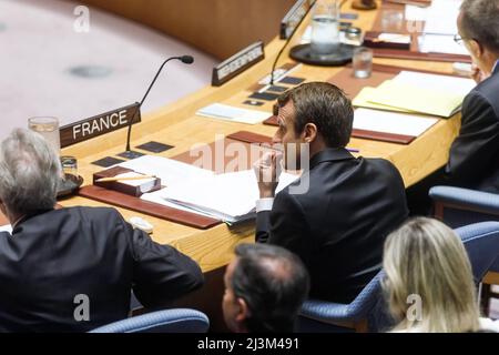 Der französische Präsident Emmanuel Macron nimmt an der Debatte auf dem Gipfel des UN-Sicherheitsrats Teil: Reformen im Bereich der UN-Friedenssicherung: Umsetzung und weitere Schritte. (Foto von Mykhaylo Palinchak / SOPA Images/Sipa USA)