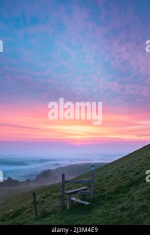 Morgennebel schlängelt sich durch die Bäume und über die Felder der South Downs, wenn die Sonne aufgeht; Lewes, East Sussex, England Stockfoto