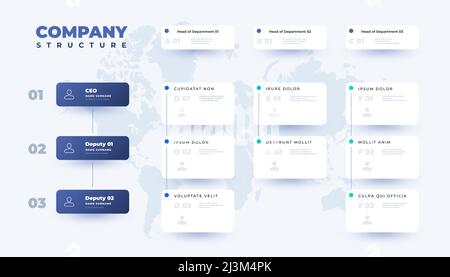 Tabelle der Geschäftsorganisation. Infografik zur Unternehmensstruktur mit Elementen der Unternehmenshierarchie. Vektorgrafik Stock Vektor