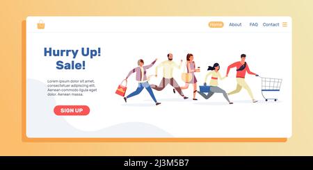 Zielseite „Shopping People“. Verkauf und Rabatt Website Vorlage mit laufenden Personen. Vektor-Webseite Stock Vektor