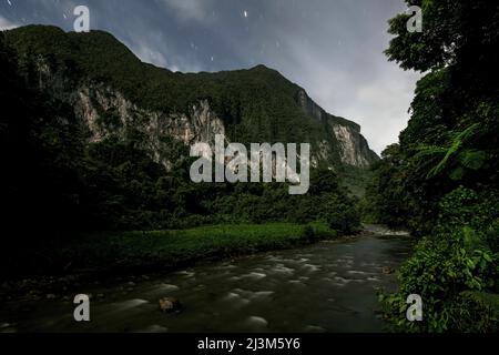 Die Melinau-Schlucht und die weißen Klippen der Südwand von Gunung Benarat im Gunung Mulu National Park. Stockfoto