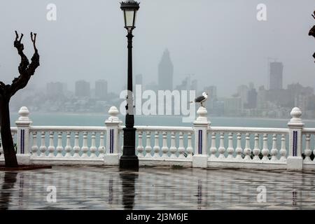 Ein regnerischer Tag auf der Landzunge des Balcon del Mediterraneo, Cerro Canfali, Benidorm, Spanien Stockfoto