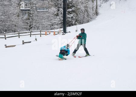 Adaptives Skifahren für ein Mädchen mit Ullrich kongenitaler Muskeldystrophie, in einem Skigebiet mit einem Instruktor Stockfoto