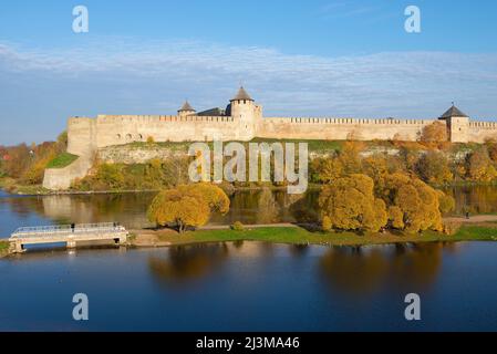 Goldener Herbst in der Nähe der Festung Ivangorod. Blick von Narva. Grenze zwischen Russland und Estland Stockfoto