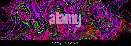 Mehrfarbige leuchtende verdrehte Linien auf schwarzem Hintergrund. Glänzendes Neon Fraktal. Unscharfe Bewegung. Abstrakte psychedelische Illustration. Breitformat Stockfoto