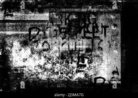 Abstrakt grunge futuristischen Schriftzug Hintergrund. Zeichnung auf alter grungiger Oberfläche. Schmutzige Kratzwand. Street Art Blaupause. Moderne urbane Cyberpunk-Kunst Stockfoto