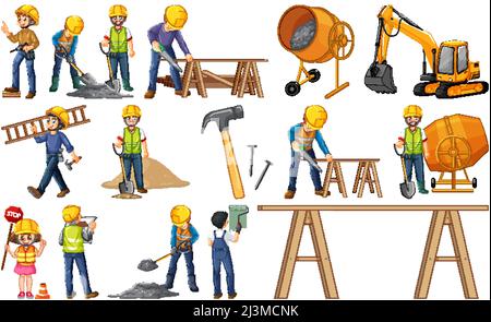 Satz von Baustellen Objekte und Arbeiter Illustration Stock Vektor
