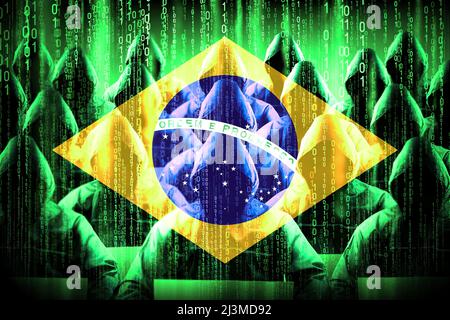 Anonyme Kapuzen-Hacker, Flagge Brasiliens, Binärcode - Cyber-Angriffskonzept Stockfoto