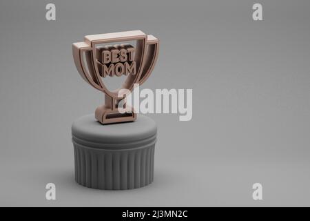 Schöne abstrakte Illustrationen Tasse mit Worten BESTEN MAMA und Herz Symbol-Symbole auf einer Spalte und wunderbaren Hintergrund. 3D Rendering-Illustration. Rückg Stockfoto