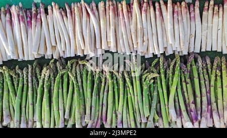 Draufsicht auf weißen und grünen Spargel auf einem Markt Stockfoto
