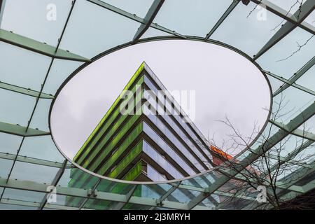 Almere, Niederlande - 3. April 2022: Modernes Design der Citymall- und Koloflublumenblüten im Zentrum von Almere, Flevoland in den Niederlanden Stockfoto