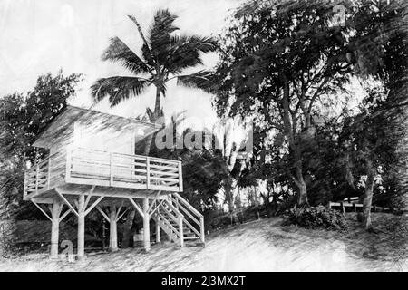 Hütte am Sandstrand mit Palmen im Bleistiftzeichnstil Stockfoto