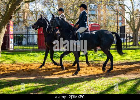 Hyde Park, London, Großbritannien. 9. April 2022. An einem sonnigen, aber kühlen Morgen sind Reiter im Hyde Park unterwegs. Weiße kaukasische weibliche Reiter passieren rote Londoner Telefonzellen Stockfoto