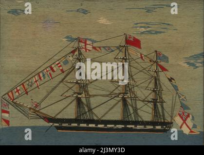 Picture (Needlework), England, 1825/75. Segelschiff mit Signalfahnen. Detail aus einem größeren Kunstwerk. Stockfoto