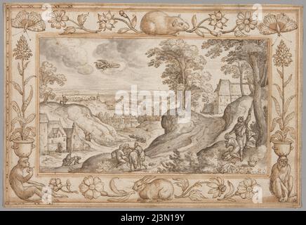 Landschaft mit dem Opfer Isaaks in einer dekorativen Grenze von Pflanzen und Tieren, 1584. Stockfoto