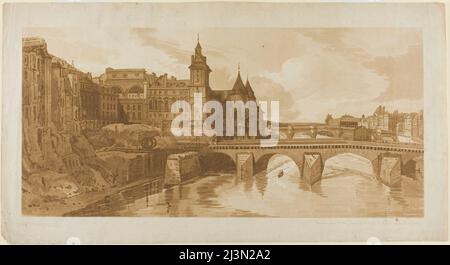 Blick auf Pont au Change, das Stadttheater, Pont Neuf, das Gefängnis Conciergerie usw. von Pont Notre Dame aus, aus Einer Auswahl von zwanzig der malerischsten Ansichten in Paris, 12. Juli 1802. Stockfoto