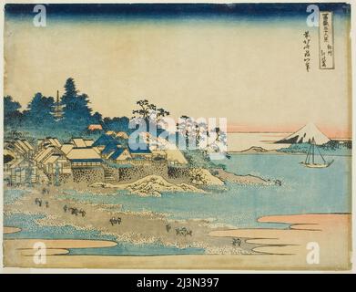 Enoshima in der Provinz Sagami (Soshu Enoshima), aus der Serie "36 Ansichten des Fuji-Berges (Fugaku sanjurokkei)", Japan, c.. 1830/33. Stockfoto