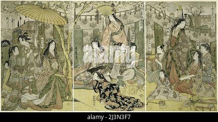 Bild von Hideyoshi und seinen fünf Ehefrauen beim Betrachten der Kirschblüten bei Higashiyama (Taiko gosai rakuto yukan no zu), Japan, c.. 1803/04. Stockfoto