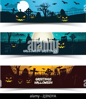Set von halloween Grußbannern mit Laternen von Kürbistieren Friedhofsbäume und Mond isoliert Vektor-Illustration Stock Vektor
