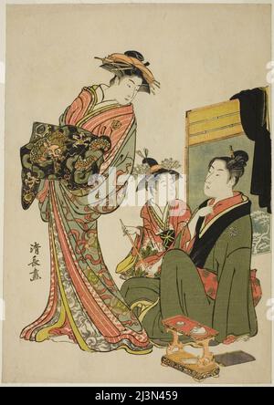 Der Schauspieler Nakamura Riko mit einem Kurtisane, aus einer unbetitelten Serie von Aiban-Drucken, die Schauspieler im Privatleben darstellen, c.. 1781/82. Stockfoto