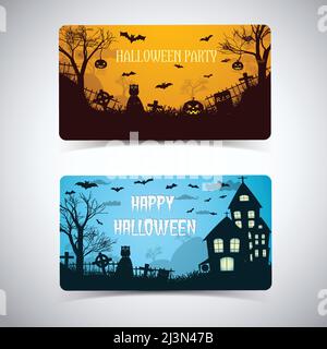 Halloween Nacht Banner mit abgerundeten Ecken glühenden Laternen Friedhof verfolgt Haus Tiere Cartoon-Stil isoliert Vektor Illustration Stock Vektor