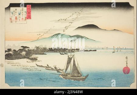 Absteigende Gänse bei Katada (Katada rakugan), aus der Serie "Acht Ansichten von Omi (Omi hakkei no uchi)", c. 1834. Stockfoto