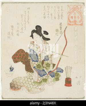 Es ist gut, das erste Bogenschießen zu machen (Yumi hajime yoshi), aus der Serie "A Series for the Hanazono Group (Hanazono bantsuzuki)", c. 1822. Stockfoto