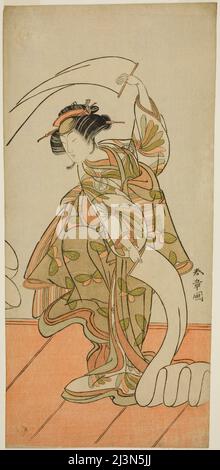 Der Schauspieler Segawa Kikunojo III als Kurtisane Kisegawa in einem „Nuno Sarashi“-Tanz, im Theaterstück Hana-zumo Genji Hiiki, aufgeführt am Nakamura Theater im elften Monat, 1775, Japan, c. 1775. Stockfoto