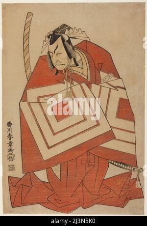 Der Schauspieler Ichikawa Danjuro IV. In einer "Shibaraku"-Rolle, möglicherweise aus dem Theaterstück Ima o Sakari Suehiro Genji (der Genji-Clan ist jetzt am Zenith), trat am ersten Tag des elften Monats, 1768, Japan, c. 1768. Stockfoto