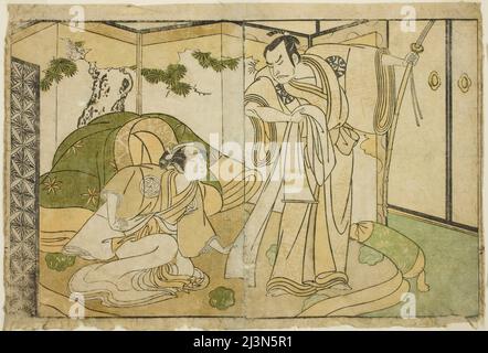 Die Schauspieler Nakamura Nakazo I als Taira no Kiyomori (rechts) und Yamashita Kinsaku II als Tokiwa Gozen (links), in dem Theaterstück Nue no Mori Ichiyo no Mato, aufgeführt am Nakamura Theater im elften Monat, 1770, Japan, c. 1772. Stockfoto