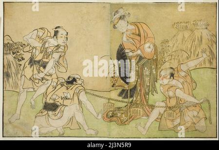 Die Schauspieler Bando Zenji I als Nagahashi Saburo, Iwai Hanshiro IV als Otatsu-gitsune, Nakamura Konozo als Hagai Ujitsune und an Unidentified Actor (von rechts nach links), im Theaterstück Nue no Mori Ichiyo no Mato, aufgeführt am Nakamura Theater im elften Monat, 1770, Japan, c. 1772. Stockfoto