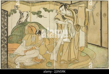 Die Schauspieler Nakamura Nakazo I als Taira no Kiyomori (rechts) und Yamashita Kinsaku II als Tokiwa Gozen (links), in dem Theaterstück Nue no Mori Ichiyo no Mato, aufgeführt am Nakamura Theater im elften Monat, 1770, Japan, c. 1772. Stockfoto