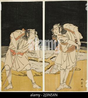 Die Schauspieler Nakamura Nakazo I als Omi no Kotoda (rechts) und Otani Hiroji III als Bamba no Chuda (links) in den Joruri „Sono Chidori Yowa no Kamisuki“ (The Plovers: Haarkämmen um Mitternacht), aus Teil zwei des Play O-atsurae-zome Soga no Hinagata (A Soga Pattern Dyed to Order), aufgeführt am zehnten Tag des dritten Monats, 1774, Japan, c. 1774. Stockfoto