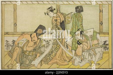 Die Schauspieler Otani Hiroji III als Kawazu no Saburo (rechts), Segawa Kikunojo II als Prinzessin Tatsu (Tatsu Hime) (Mitte) und Nakamura Sukegoro II als Matano no Goro (links), im Theaterstück Myoto-giku Izu no Kissewata, aufgeführt im 11. Monat, 1770, Japan, c. 1772. Stockfoto