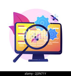 Fehlerbehebung und Softwaretests. Computer-Virus-Suchwerkzeug. DevOps, Web-Optimierung, Antivirus-App. Lupe, Zahnrad und Monitor Design elemen Stock Vektor