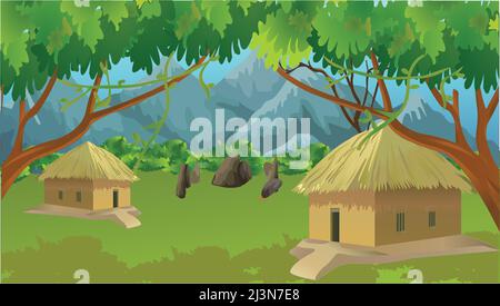 Dorfhaus im Wald. Ferienhaus zwischen Bäumen und Bergen. Cartoon-Vektorgrafik. Stock Vektor
