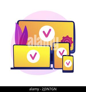 Plattformübergreifende Geräte. Multiplattform-Verbindung, Gadgets-Synchronisation, adaptive Entwicklung. Computer, Laptop, Tablet und Smartphone. Vecto Stock Vektor