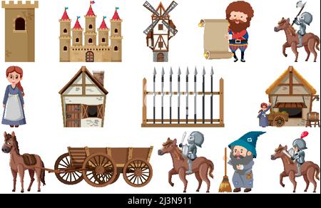 Mittelalterliche Figuren Gebäude Set Illustration Stock Vektor
