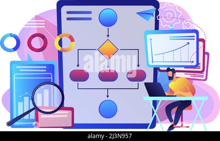 Analyst, der mit dem Automatisierungsprozess bei Laptop arbeitet. Automatisierung von Geschäftsprozessen, Workflow von Geschäftsprozessen, automatisiertes Konzept von Geschäftsprozessen. Helles V Stock Vektor