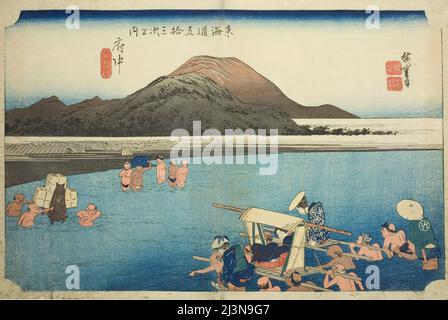 Fuchu: Der Abe-Fluss (Fuchu, Abekawa), aus der Serie "53 Stationen der Tokaido-Straße (Tokaido gojusan tsugi no uchi)", auch bekannt als Hoeido Tokaido, c. 1833/34. Stockfoto