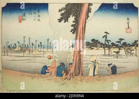 Hamamatsu: Winterszene (Hamamatsu, fuyugare no zu), aus der Serie "53 Stationen des Tokaido (Tokaido gojusan tsugi no uchi)", auch bekannt als Hoeido Tokaido, c. 1833/34. Stockfoto