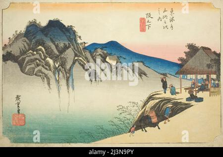 Sakanoshita: Gipfel des Fudesute Mountain (Sakanoshita, Fudesute Mine), aus der Serie "53 Stationen des Tokaido (Tokaido gojusan tsugi no uchi)", auch bekannt als Hoeido Tokaido, c. 1833/34. Stockfoto