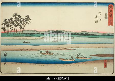 Mitsuke: Fährschiffe auf dem Tenryu River (Mitsuke, Tenryugawa no funawatashi)&#x2014;No 29, aus der Serie "53 Stationen des Tokaido (Tokaido gojusan tsugi)", auch bekannt als Reisho Tokaido, c. 1847/52. Stockfoto