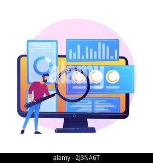 Wirtschaftsprüfung. Finanzspezialist Zeichentrickfigur mit Lupe. Untersuchung statistischer grafischer Informationen. Statistik, Diagramm, Diagramm. Vec Stock Vektor