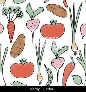 Handgezeichnete nahtlose Musterdarstellung von Bio-gesundem Gemüse, Karotten-Kartoffel-Tomate Lauch Radieschen Auberginen Blumenkohlbärben. Markt natürliche Lebensmittel Gemüse Ernährung in weichen Pastellfarben Stockfoto
