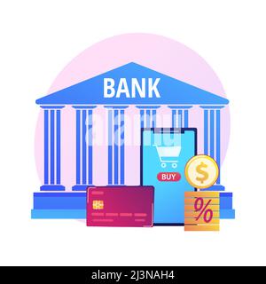 Zahlungskarte. Elektronische Überweisung. Bunte Cartoon-Figuren mit Kunststoff-Kreditkarte. Bankwesen, Kredit, Kaution. Kontaktloses Zahlungssystem Stock Vektor