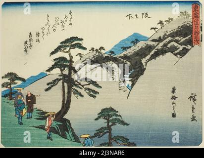 Sakanoshita: Blick auf den Berg Fudesute (Sakanoshita, Fudesuteyama no zu), aus der Serie "53 Stationen des Tokaido (Tokaido gojusan tsugi)", auch bekannt als Tokaido mit Gedicht (Kyoka iri Tokaido), c. 1837/42. Stockfoto